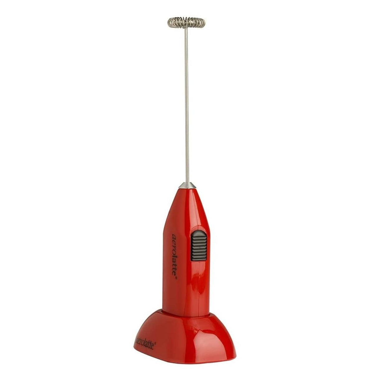 Red milk frother with counter stand and whisk head