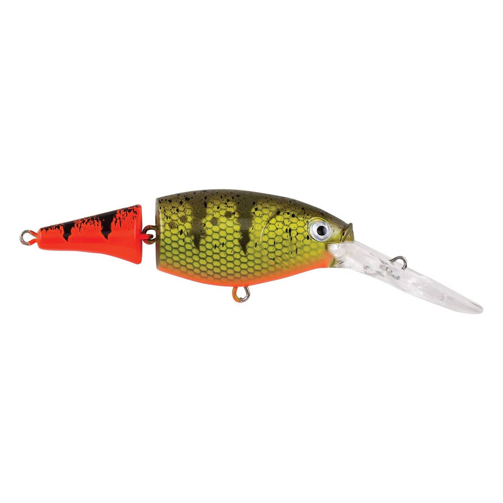 Jointed crankbait fishing lure in green-yellow scale pattern with orange-red tail