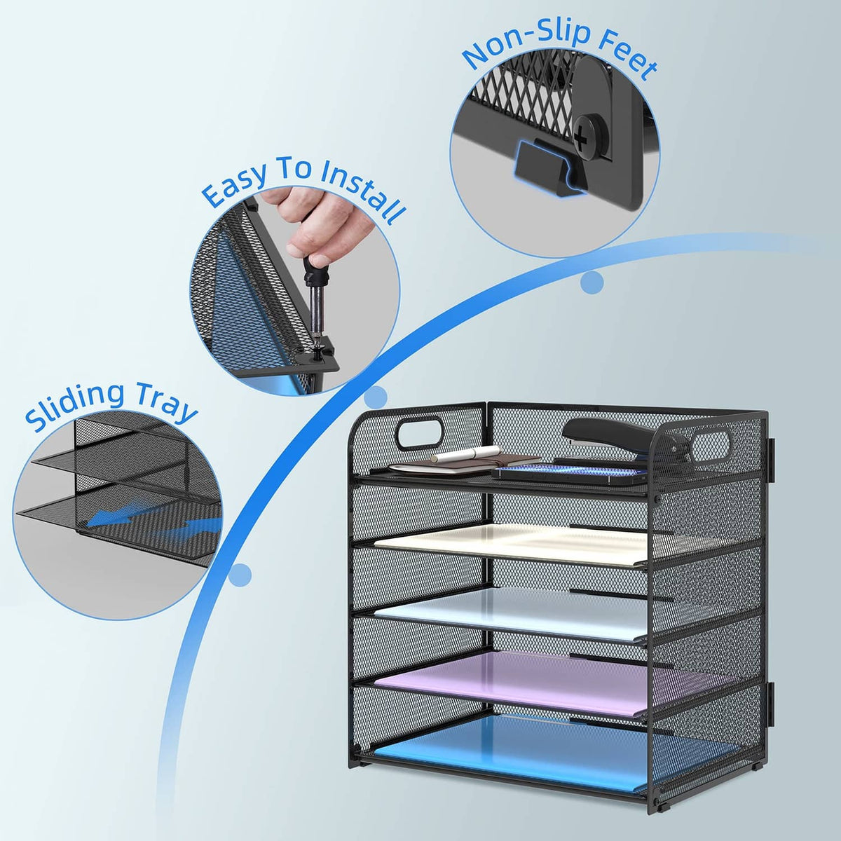 Black mesh 5-tier desk file organizer tray with handle, showing sliding tray feature.