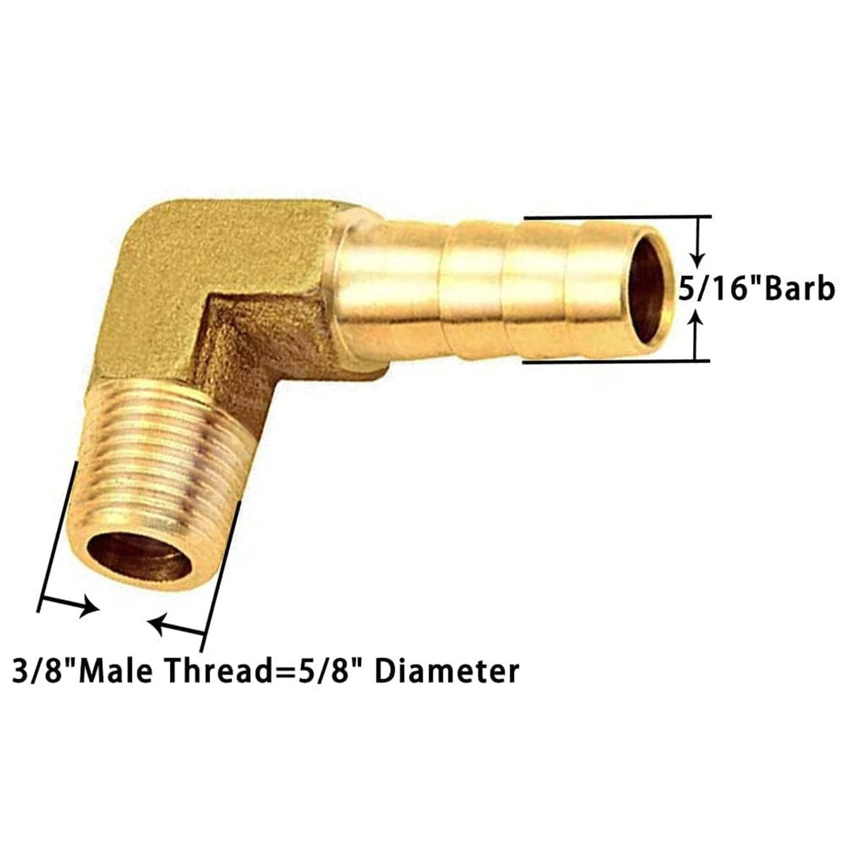 90° brass elbow fitting with 5/16in barbed end, 3/8in male NPT thread, 5/8in dia