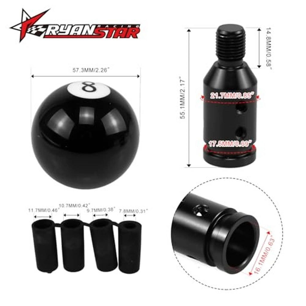 Black 8-ball shift knob with white 8 emblem plus installation adapter sleeves