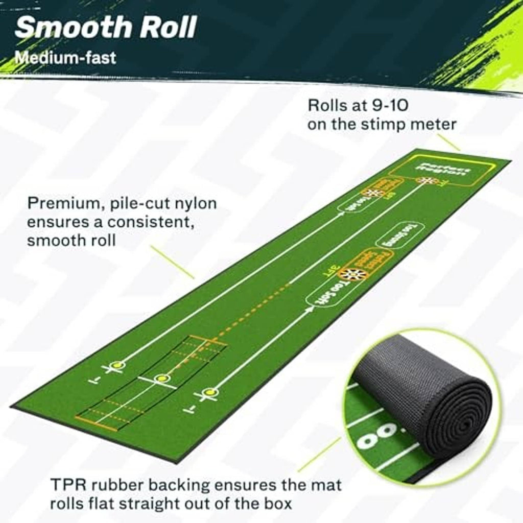 Green putting mat with marked lanes and inset roll texture detail