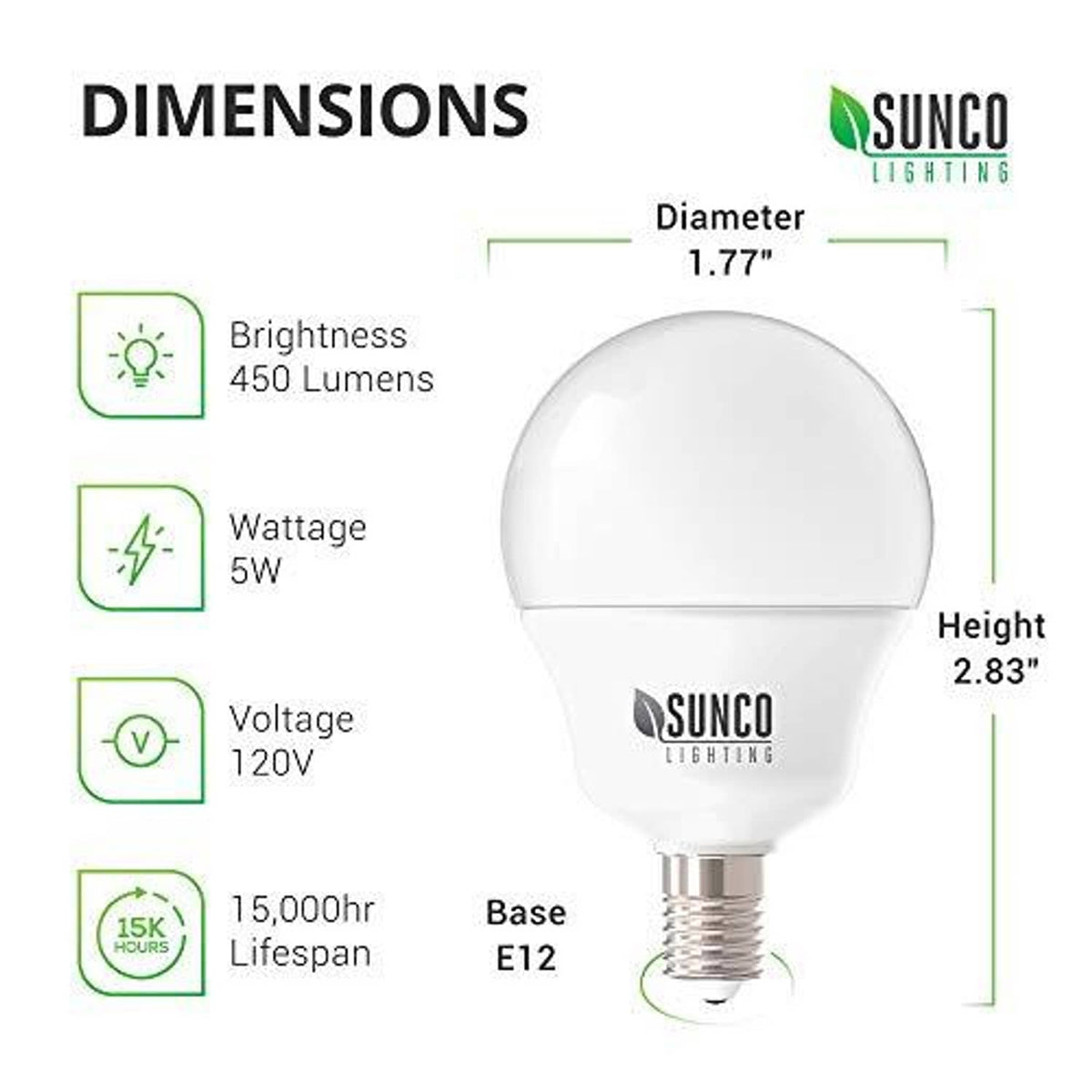 Candelabra LED bulb diagram with height 2.83 in and diameter 1.77 in, E12 base
