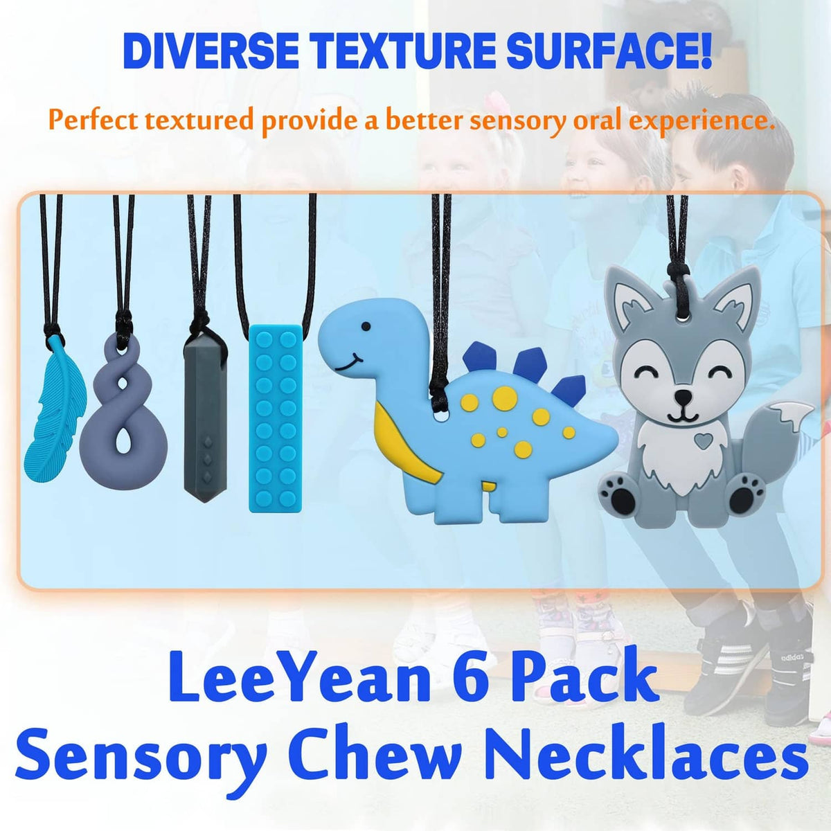 Silicone chew pendants on cords: blue dinosaur, grey wolf, blue textured piece, and dark pendants