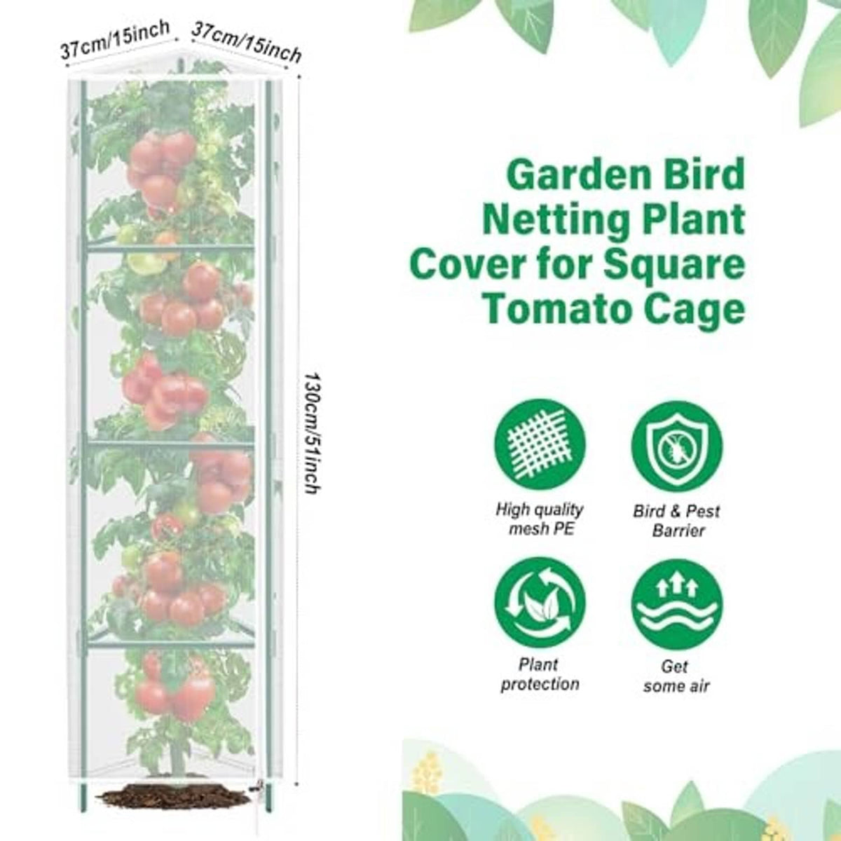 Tall white mesh plant cover netting for a tomato cage with size markings.