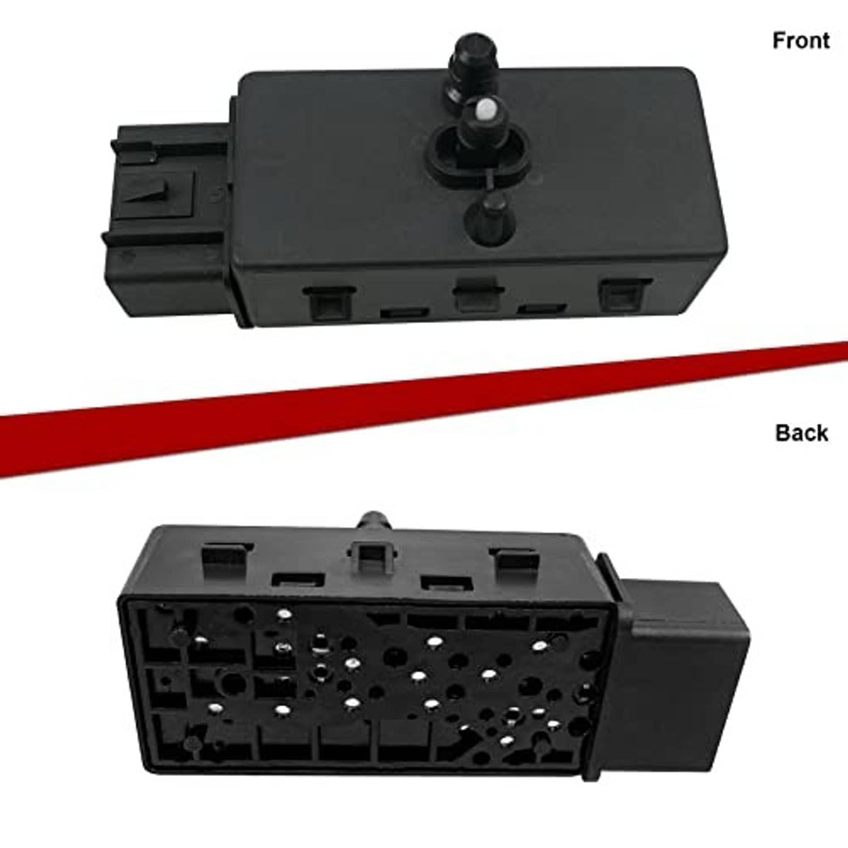 Power seat adjuster control switch, black casing with visible wiring terminal block
