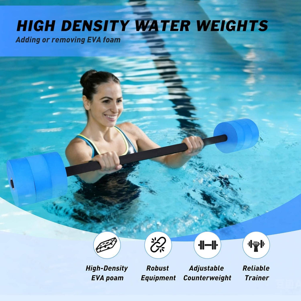 Woman using a water resistance dumbbell bar in the pool, black handle and blue foam ends