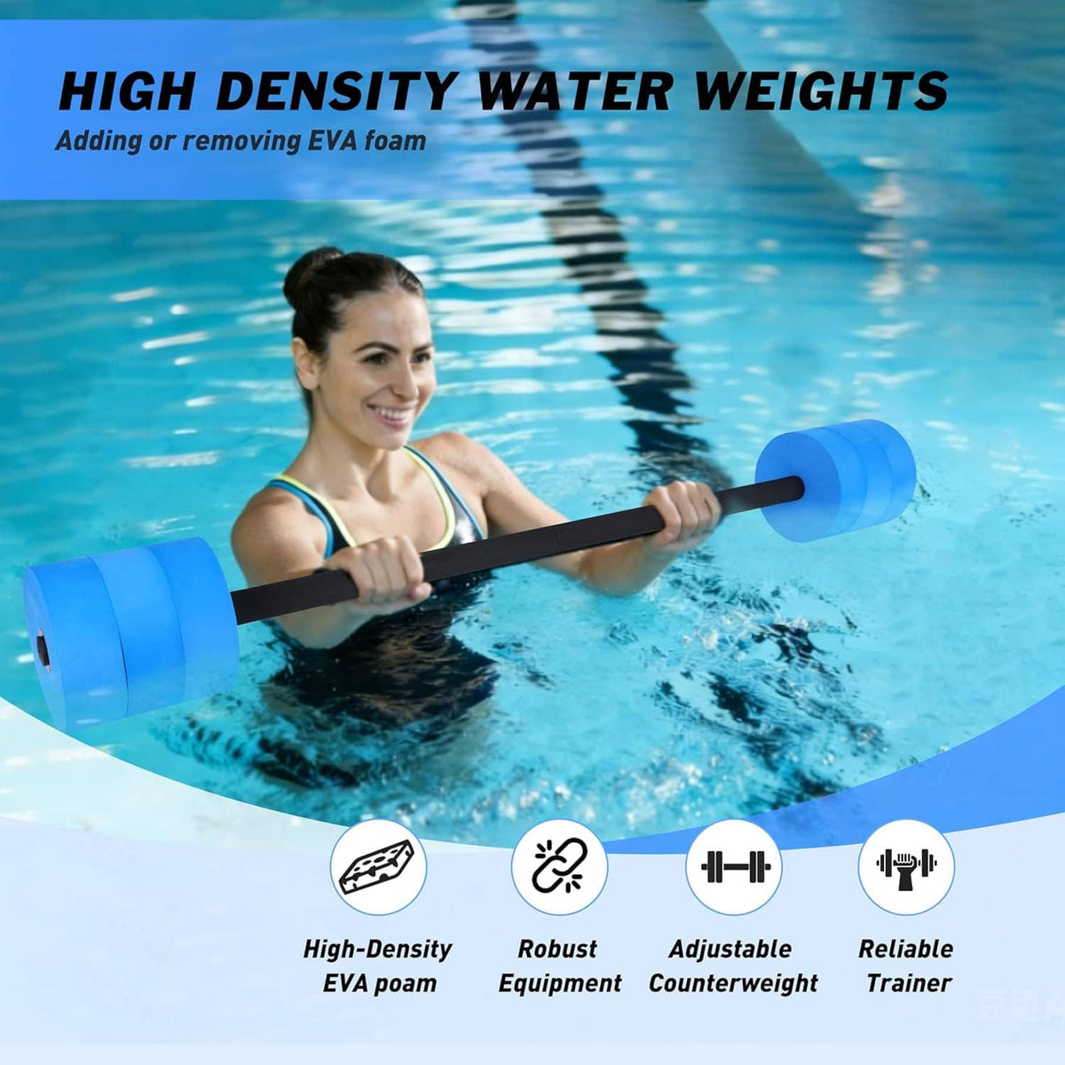 Woman using a water resistance dumbbell bar in the pool, black handle and blue foam ends