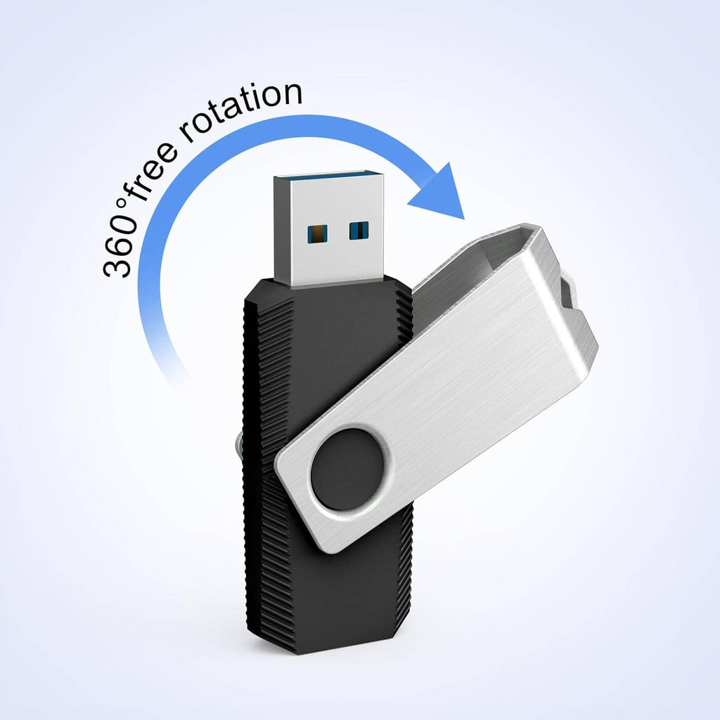 Single silver and black USB flash drive showing connector rotation 360 degrees