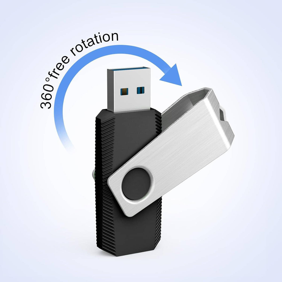 Single silver and black USB flash drive showing connector rotation 360 degrees