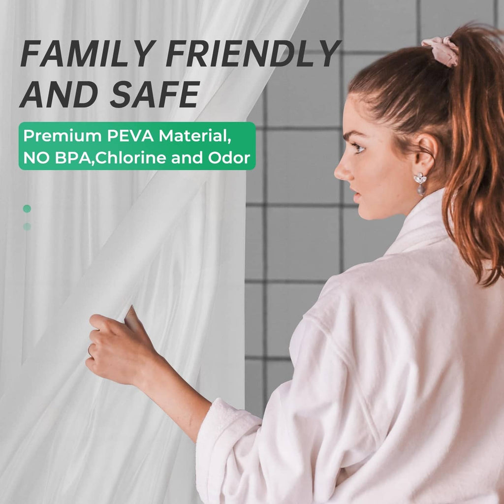 White shower curtain liner with smooth surface, held by a person during installation