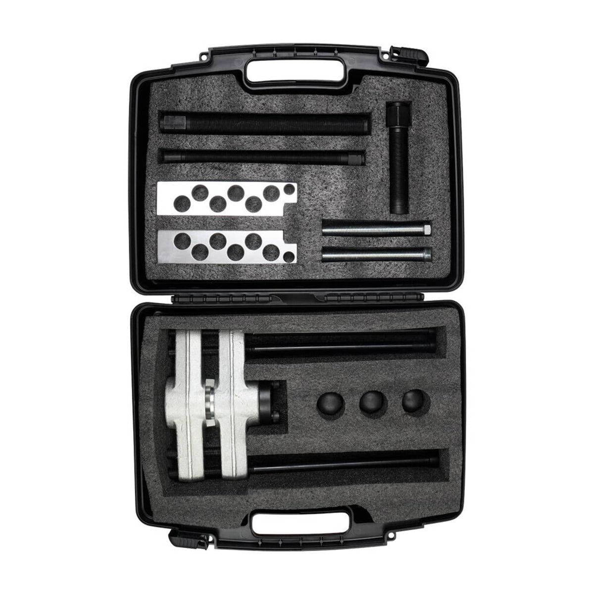 Kingpin press removal tool kit in open black case with steel plates and rods