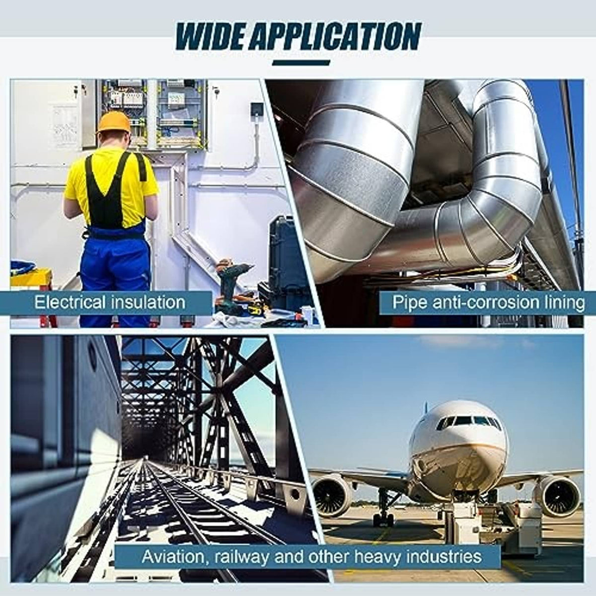 Industrial use collage showing electrical work and pipe anti-corrosion application scenes