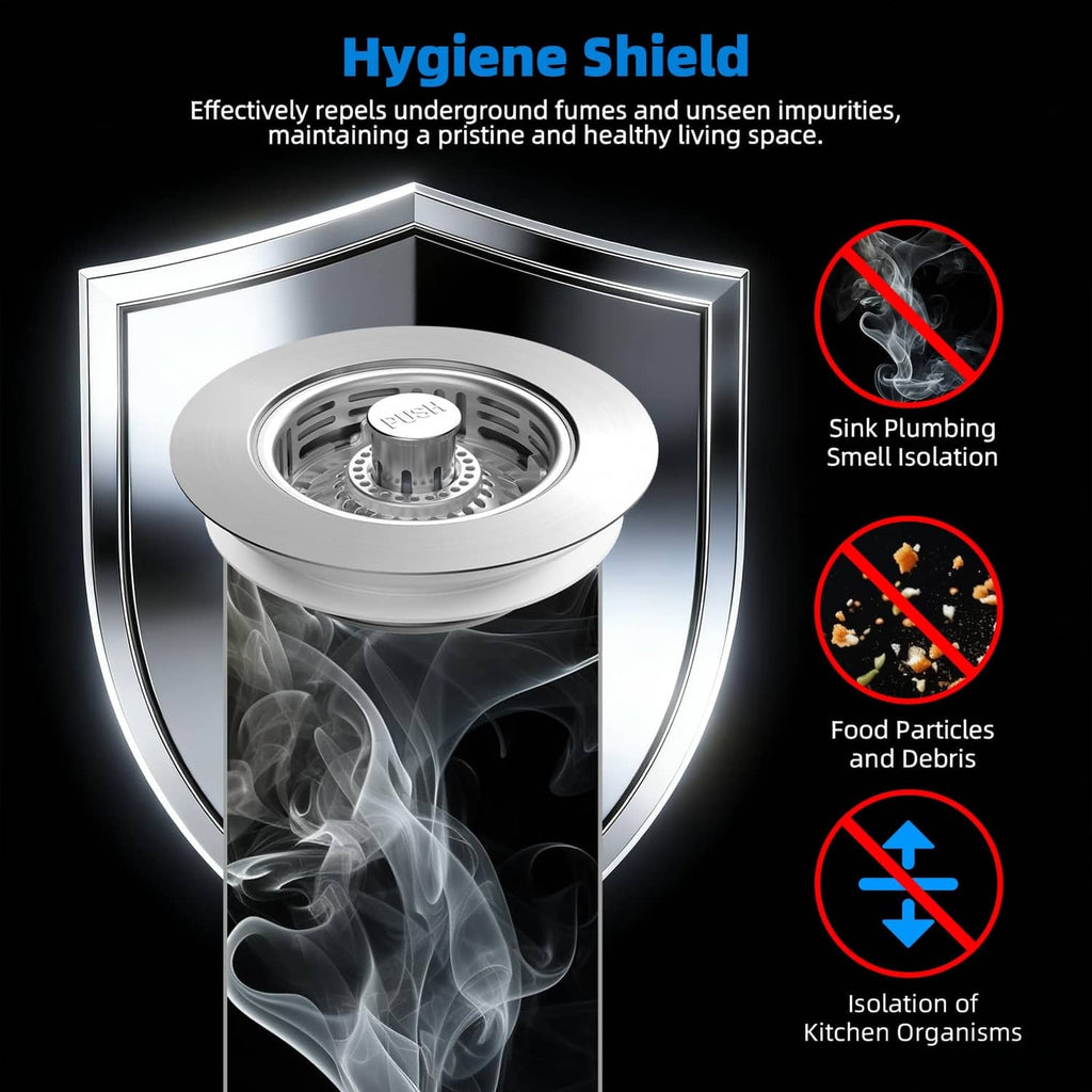 Kitchen sink drain strainer with hygiene shield, helps block splashes and debris