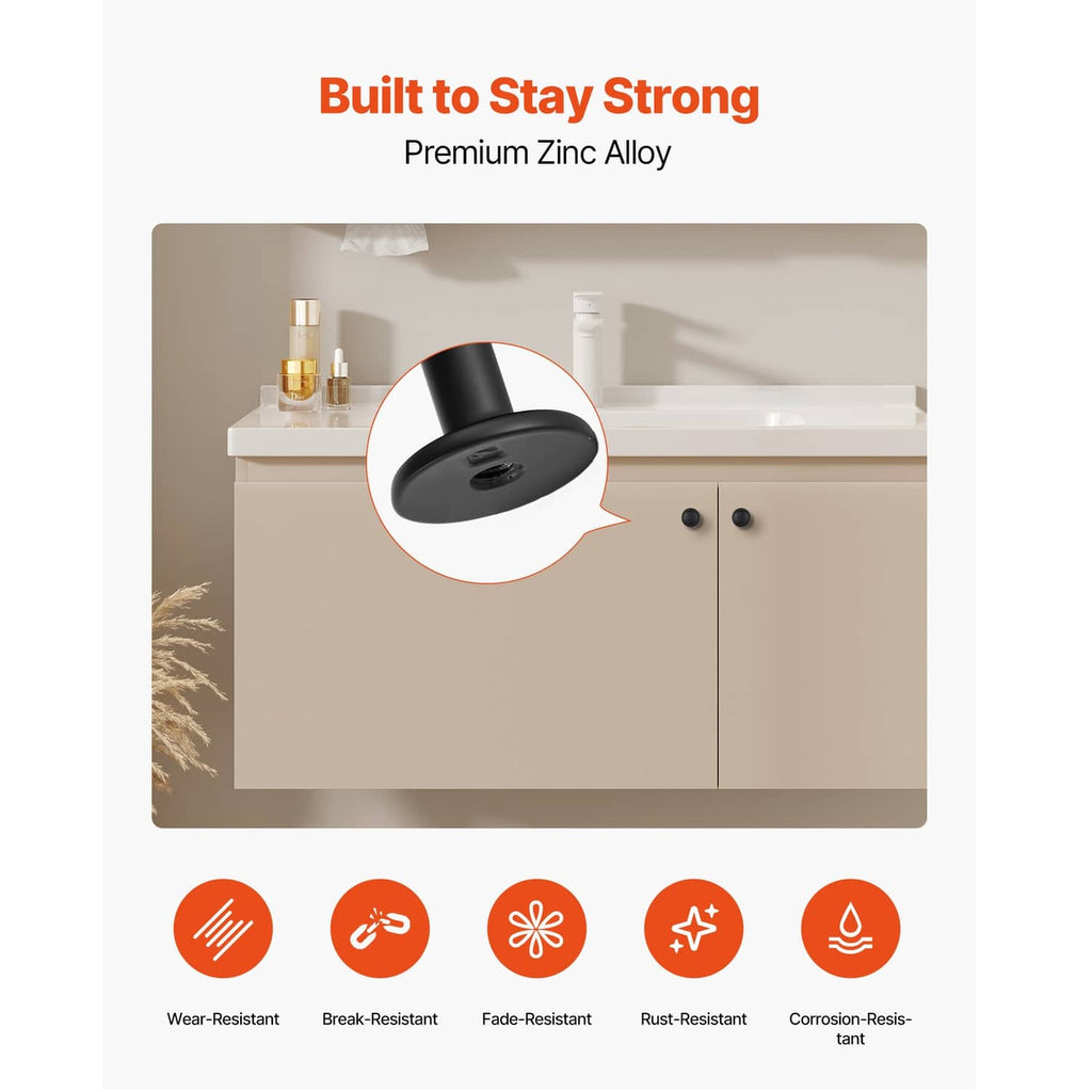 Black mushroom cabinet knob with zinc alloy finish, shown with cabinet doors