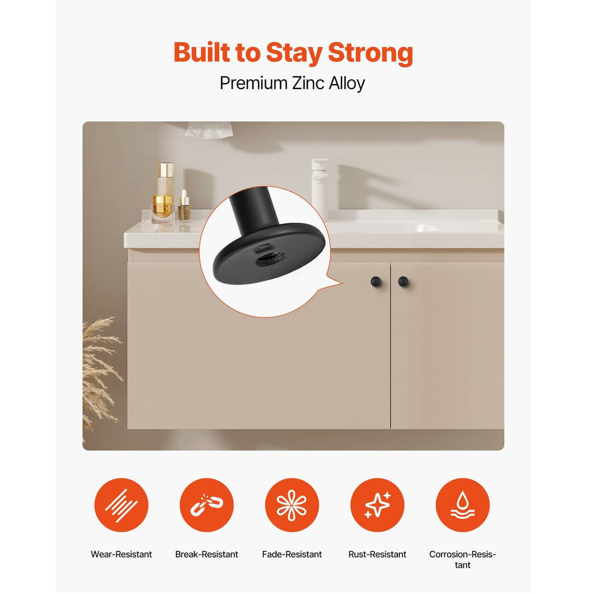 Black mushroom cabinet knob with zinc alloy finish, shown with cabinet doors