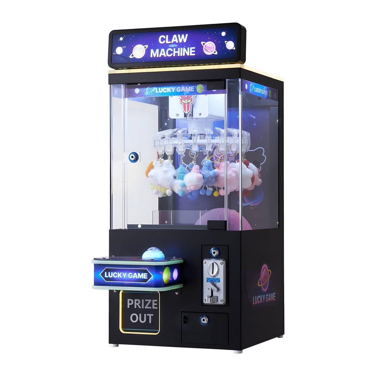 Uimoso claw crane arcade game machine with claw mechanism and prize-out display