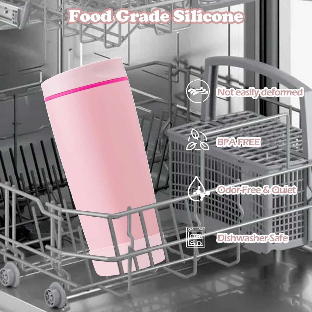 Pink silicone tumbler boot sleeve in dishwasher rack
