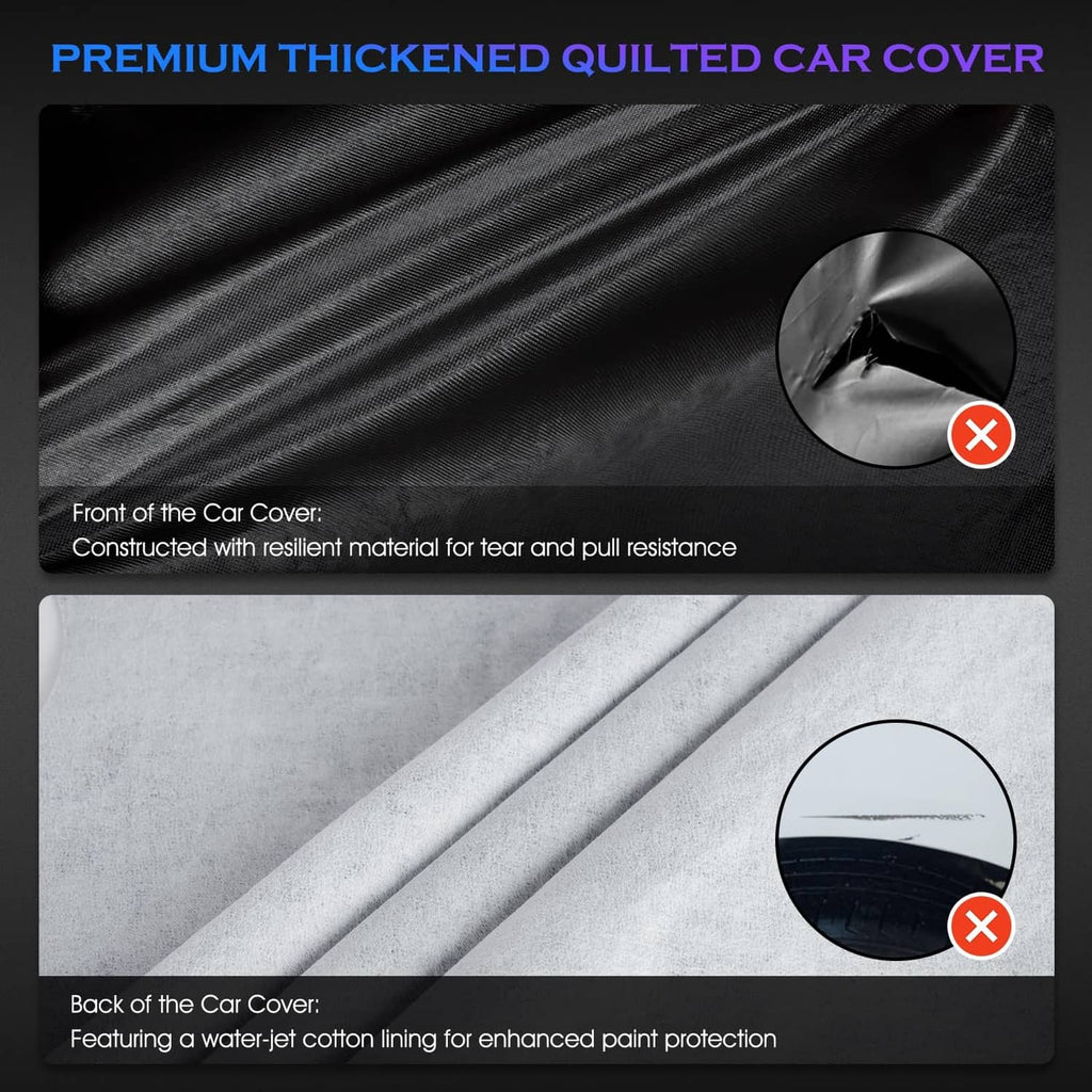 Black quilted car cover fabric with protective layer close-up and circular vent cutout