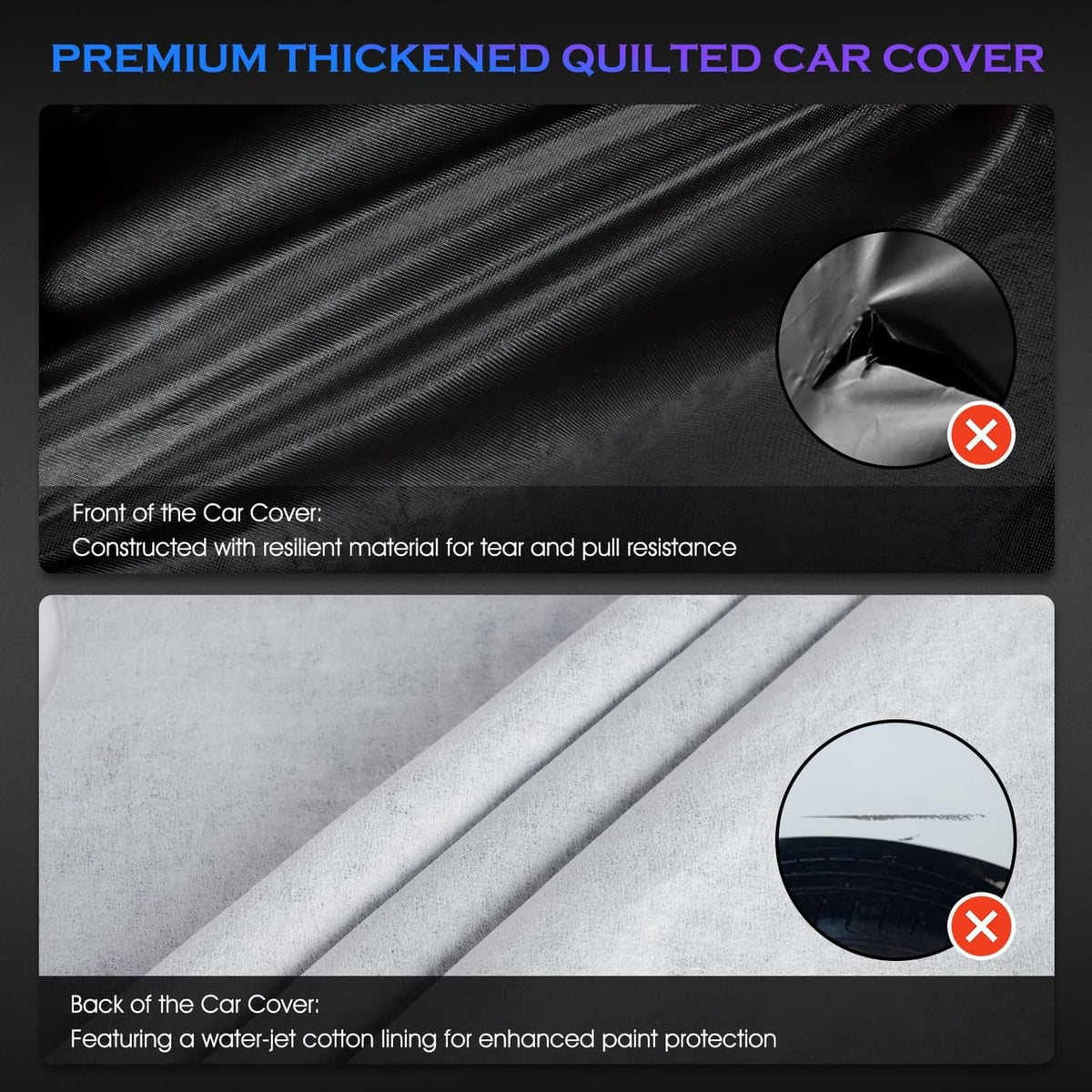 Black quilted car cover fabric with protective layer close-up and circular vent cutout