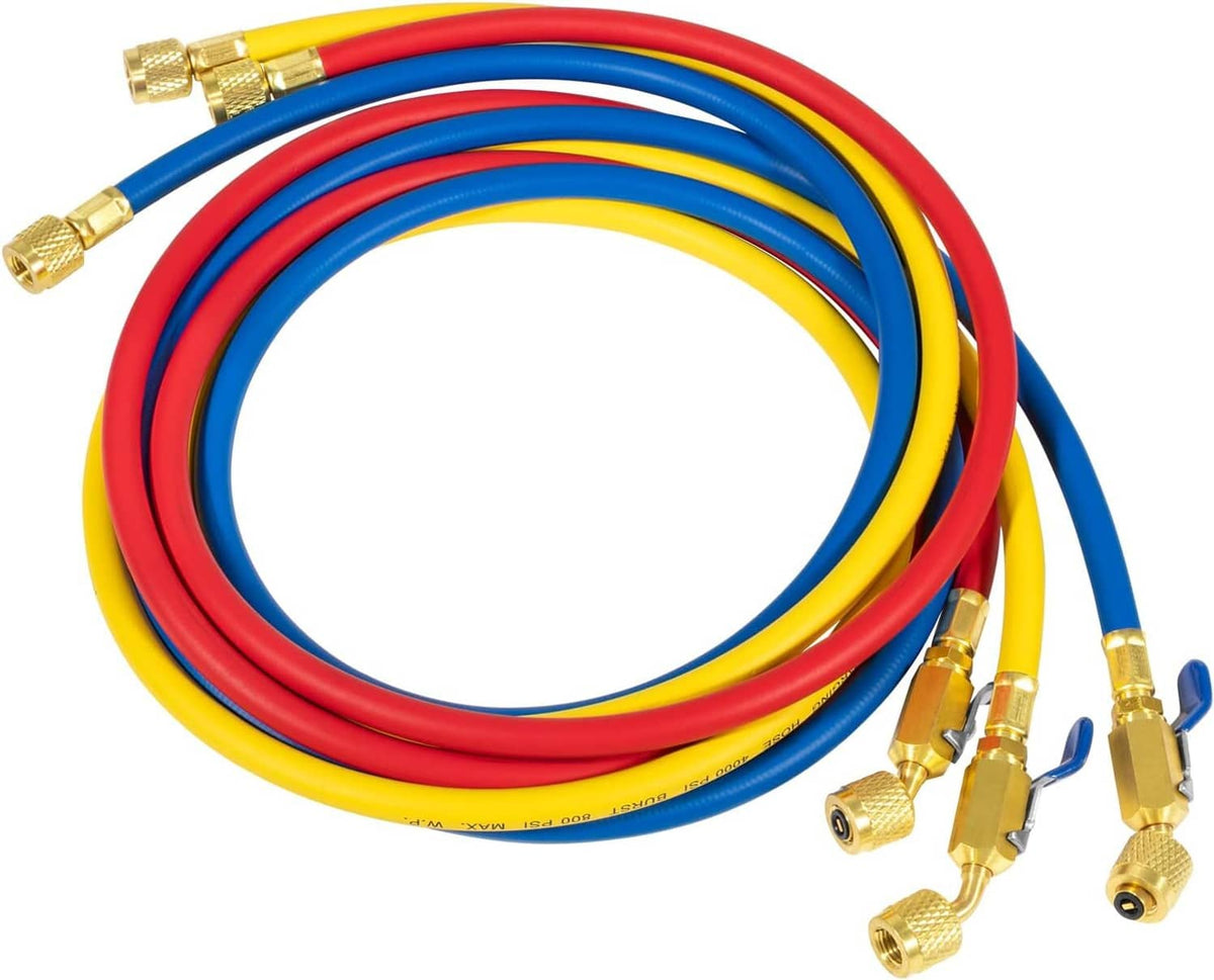 Refrigerant charging hose set loops with red, blue, yellow hoses and brass couplers