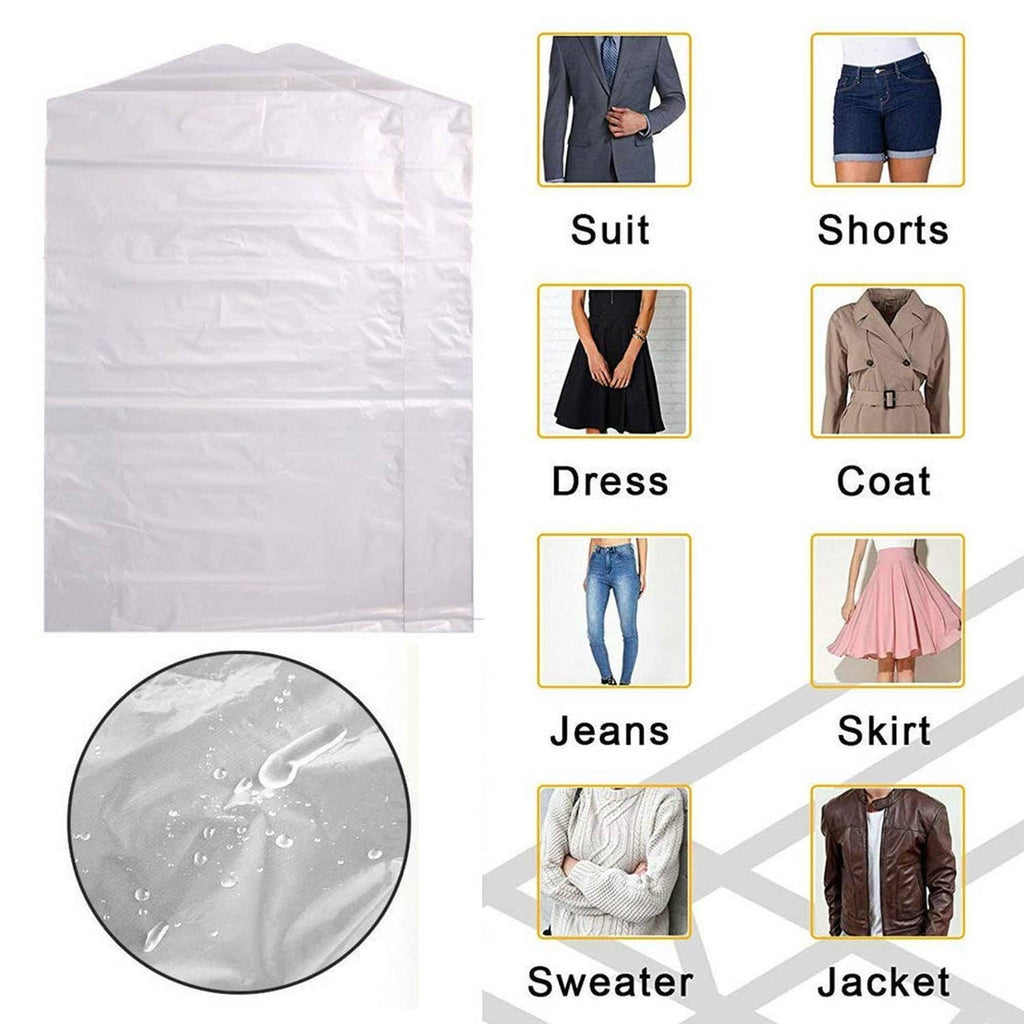 Transparent garment dust cover bag for suit, shorts, dress, jeans, jacket, more