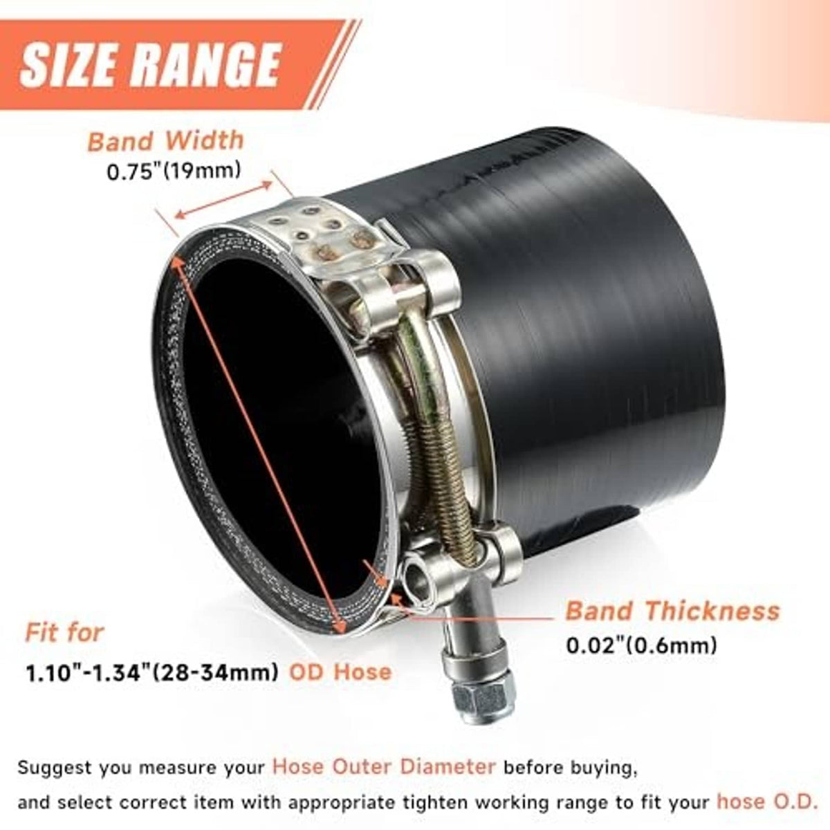 T-bolt hose clamp on black hose, 0.75 in band width with adjustable screw