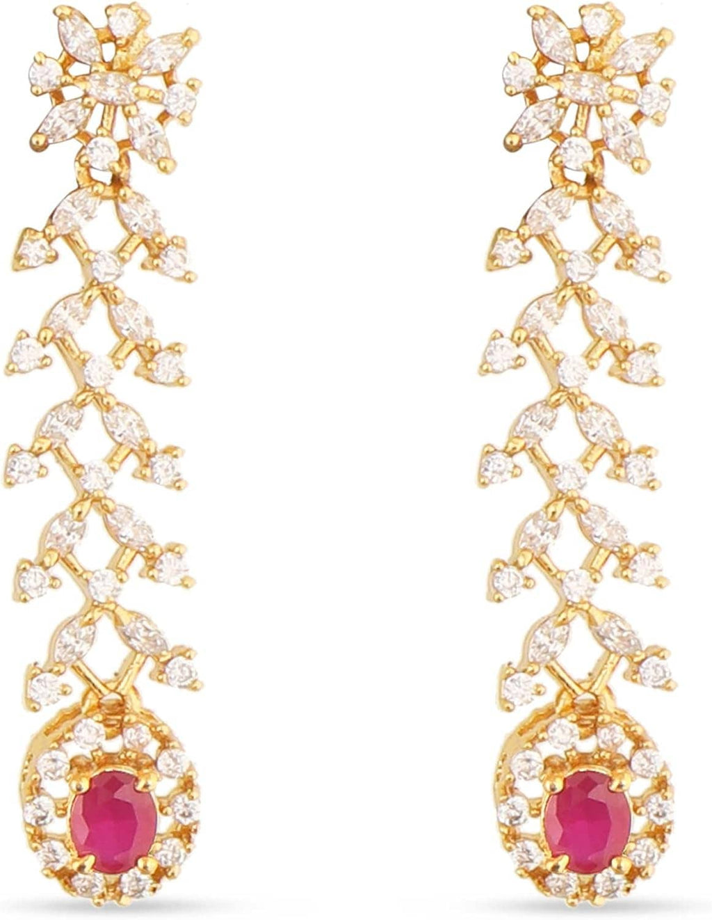 Gold-tone drop earrings with purple center stone and white CZ flower clusters