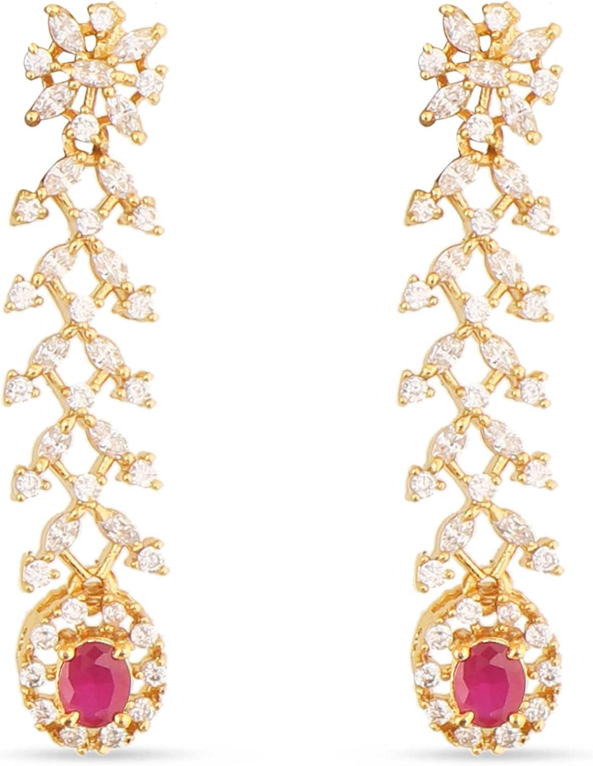 Gold-tone drop earrings with purple center stone and white CZ flower clusters