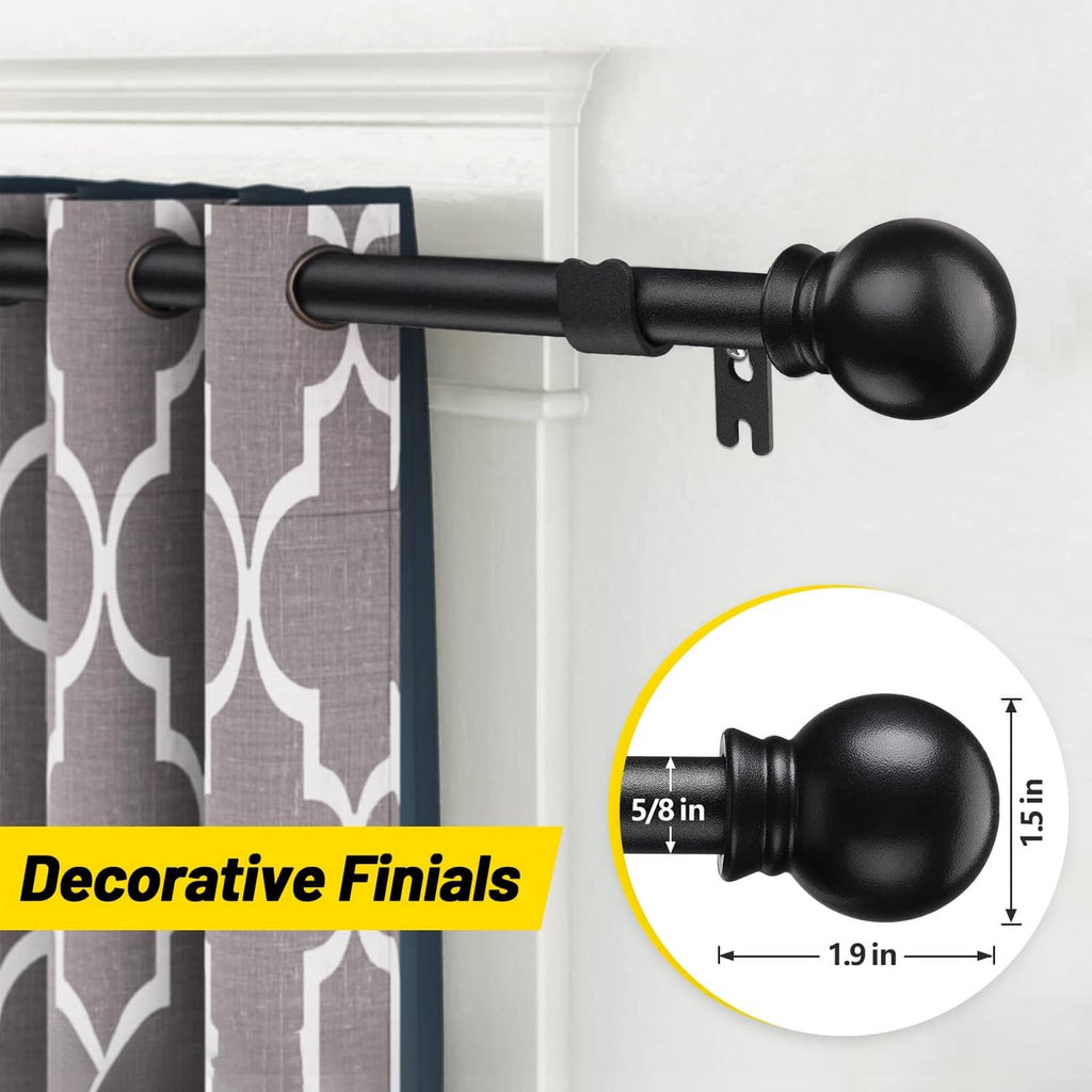 Matte black spherical curtain rod finial with textured end cap detail
