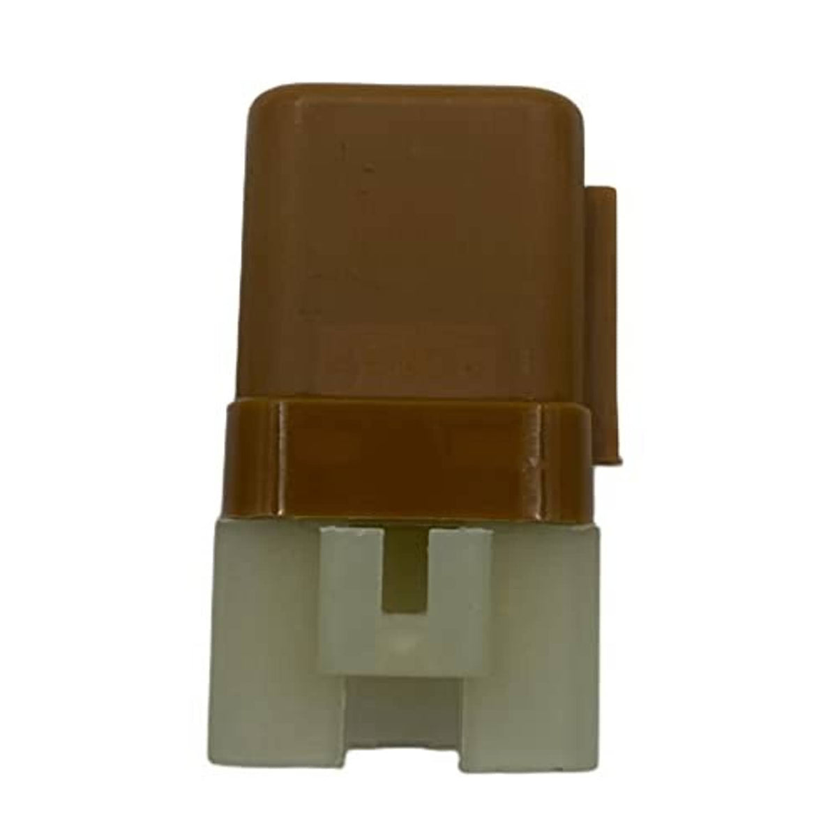 Radiator fan relay with brown top cover and gray-white lower connector housing