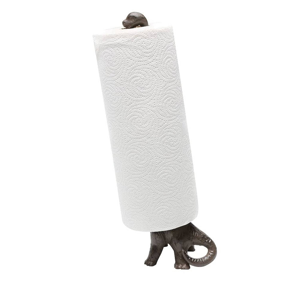 Iron dinosaur paper towel holder with patterned white towel roll and dark bronze dinosaur