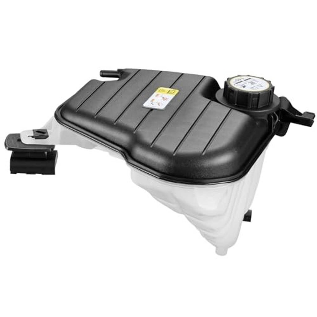 Side view of black coolant overflow tank with round cap and outlet fittings