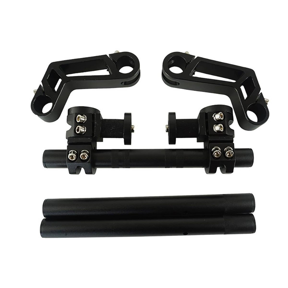 Adjustable motorcycle handlebar clamp kit with black steering bar and bolts