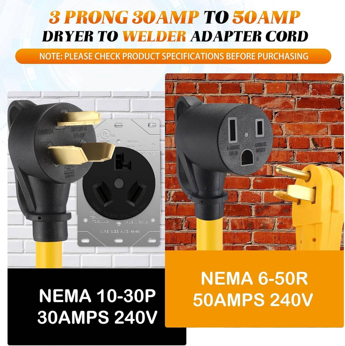 Welder adapter cord with NEMA 10-30P and NEMA 6-50R plugs on yellow cable