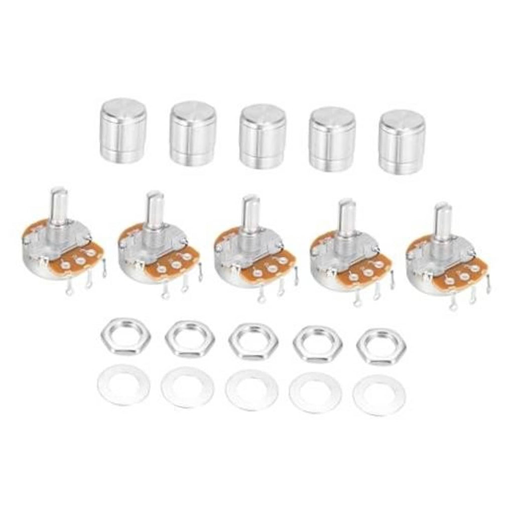 Rotary potentiometer parts set with metal cylinder caps, threaded pins, and orange PCB