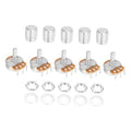 Rotary potentiometer parts set with metal cylinder caps, threaded pins, and orange PCB