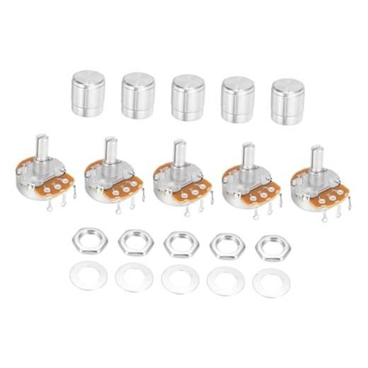Rotary potentiometer parts set with metal cylinder caps, threaded pins, and orange PCB