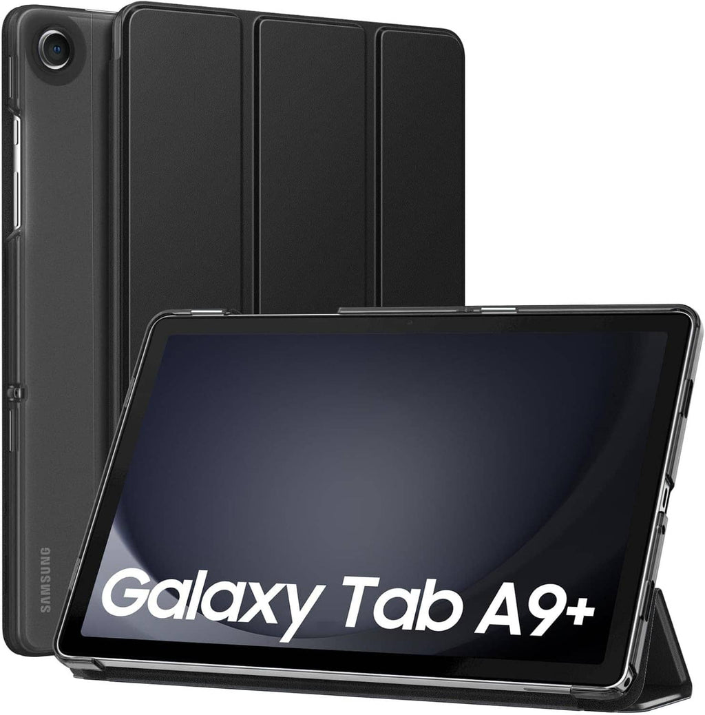 Black stand tablet case with cover open, tablet front propped up