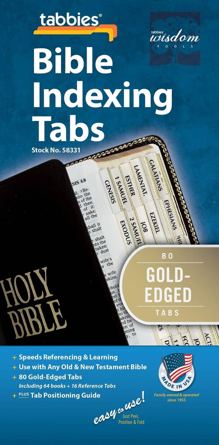 Bible indexing tabs package with Holy Bible cover and gold-edged tabs