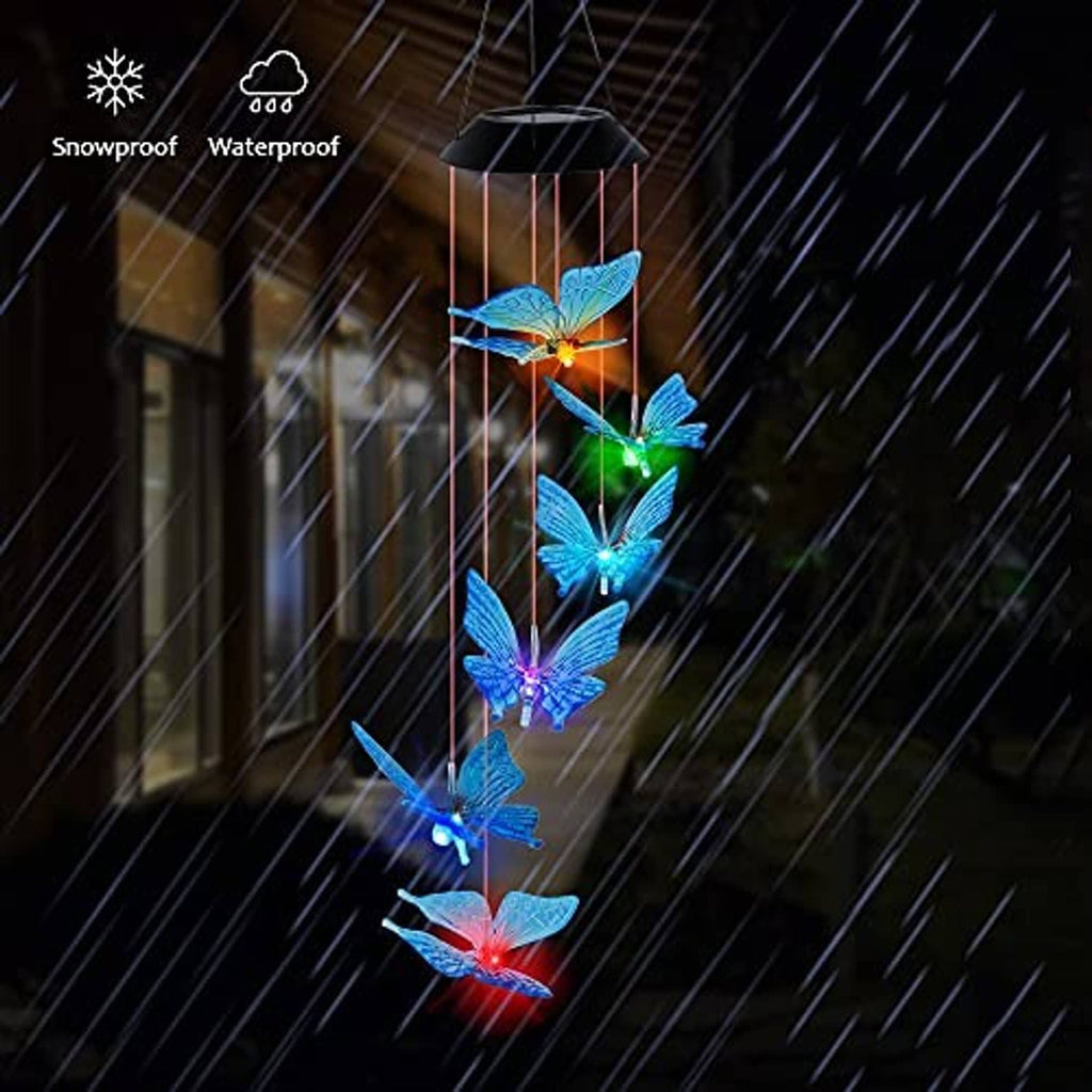 Solar LED butterfly wind chime with multicolor glowing butterflies hanging from thin vertical strings