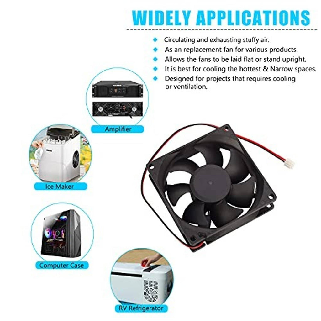 80mm square brushless fan with red/black leads, shown with app icons