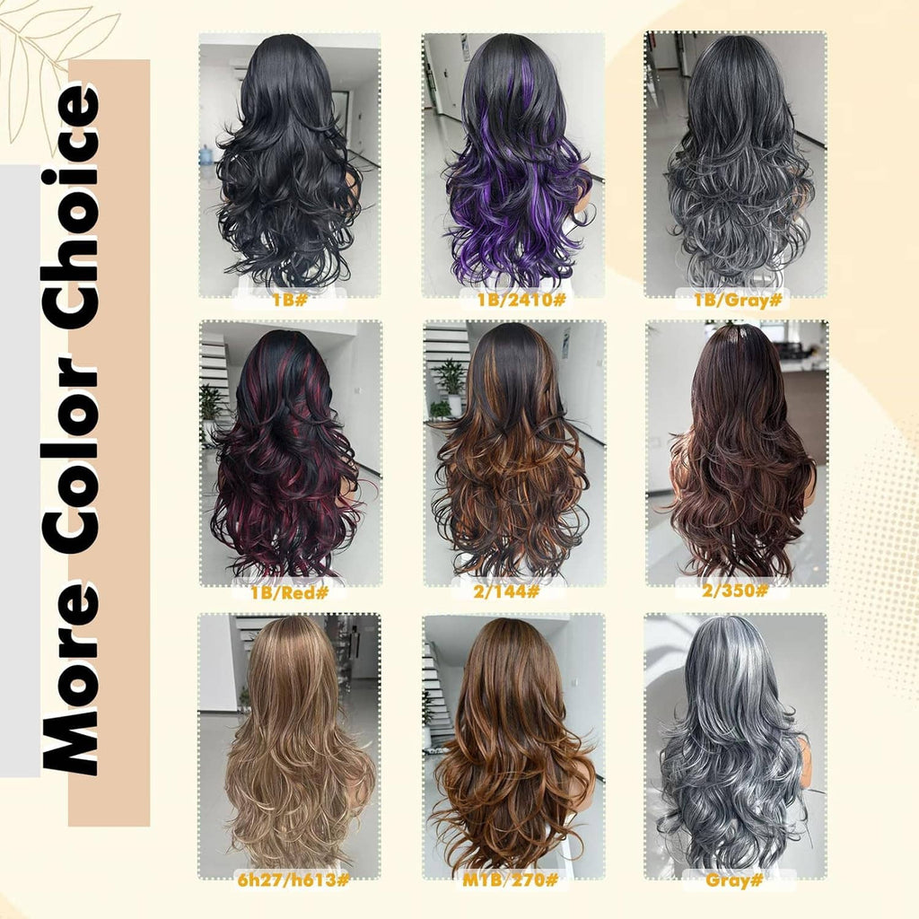 Wig color swatch chart showing multiple long wavy wig shades and styles
