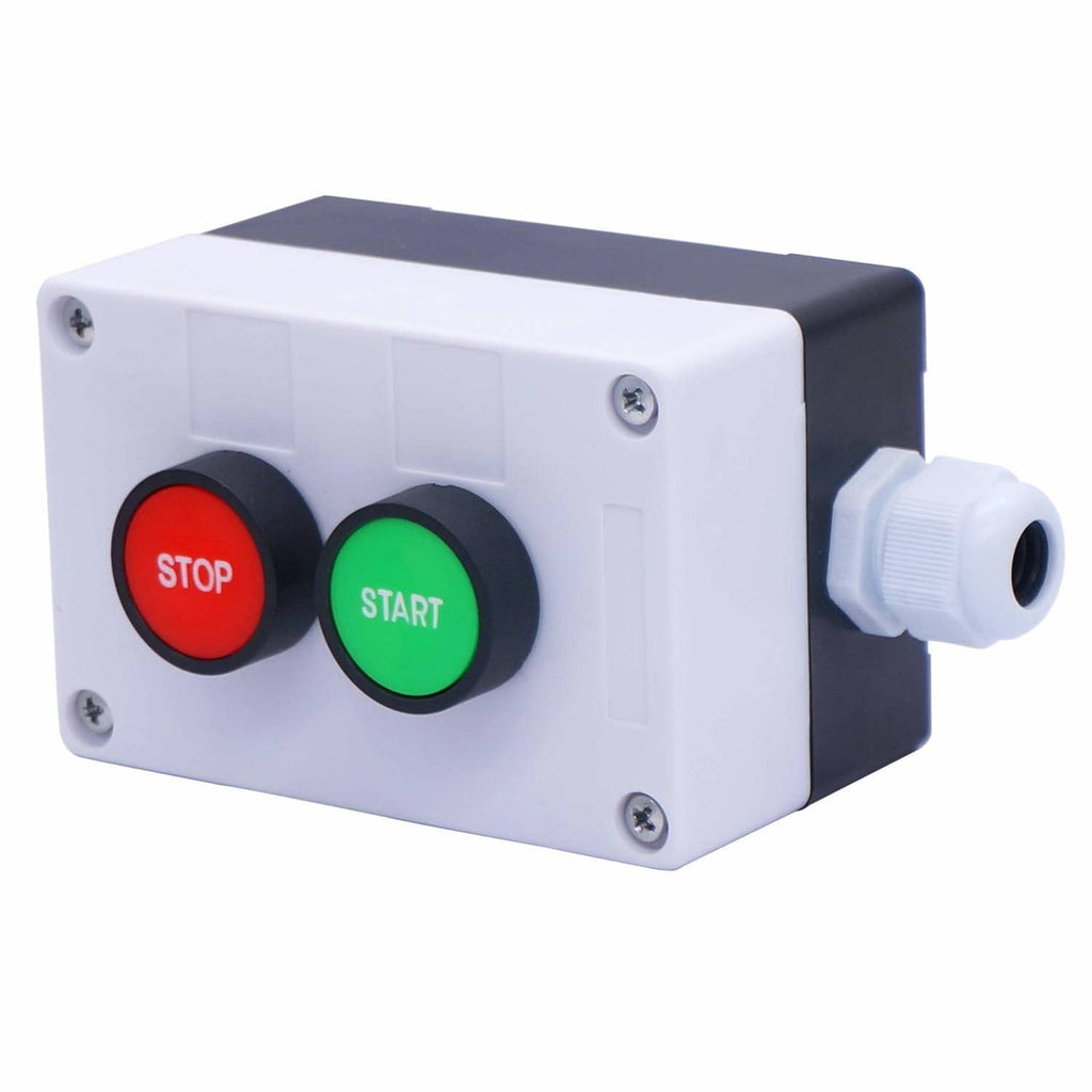 Start/stop control box with red STOP and green START buttons and side cable port