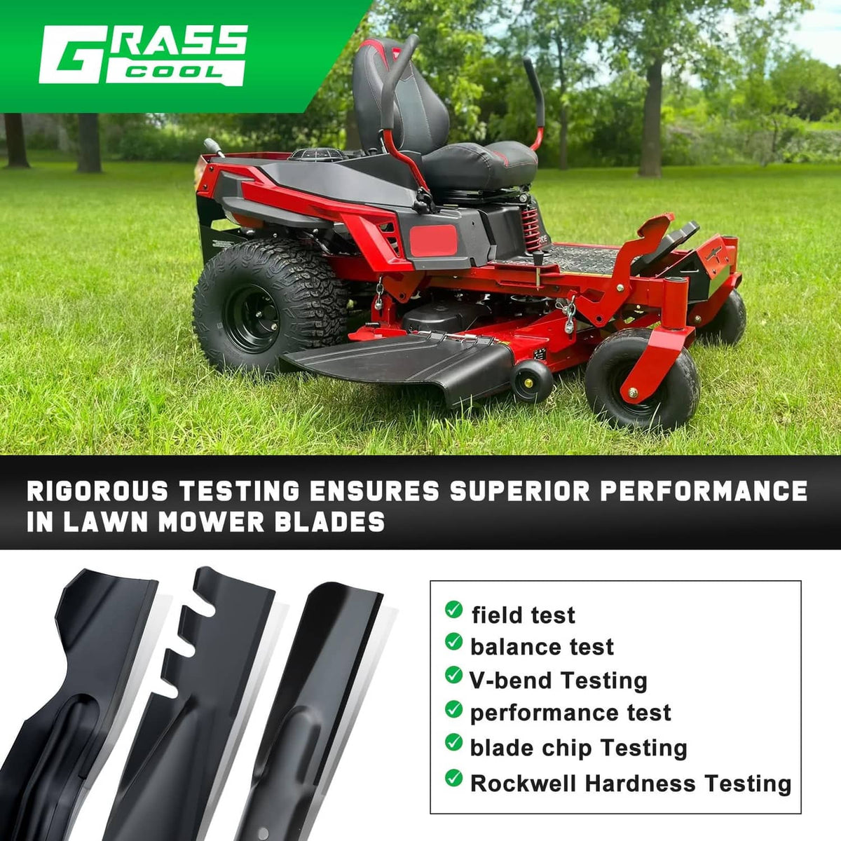 Grasscool-branded lawn mower on grass with black mower deck blades installed