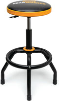 GEARWRENCH adjustable height swivel shop stool, black round seat with orange trim, black base