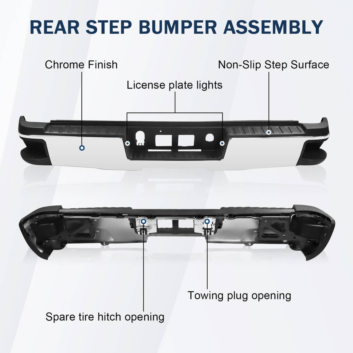 Chrome rear step bumper assembly with black non-slip step and license plate light area