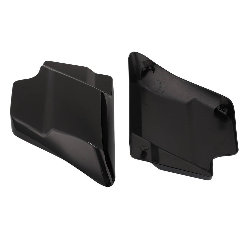 Black motorcycle side cover panels, rear view with mounting tabs and screw points