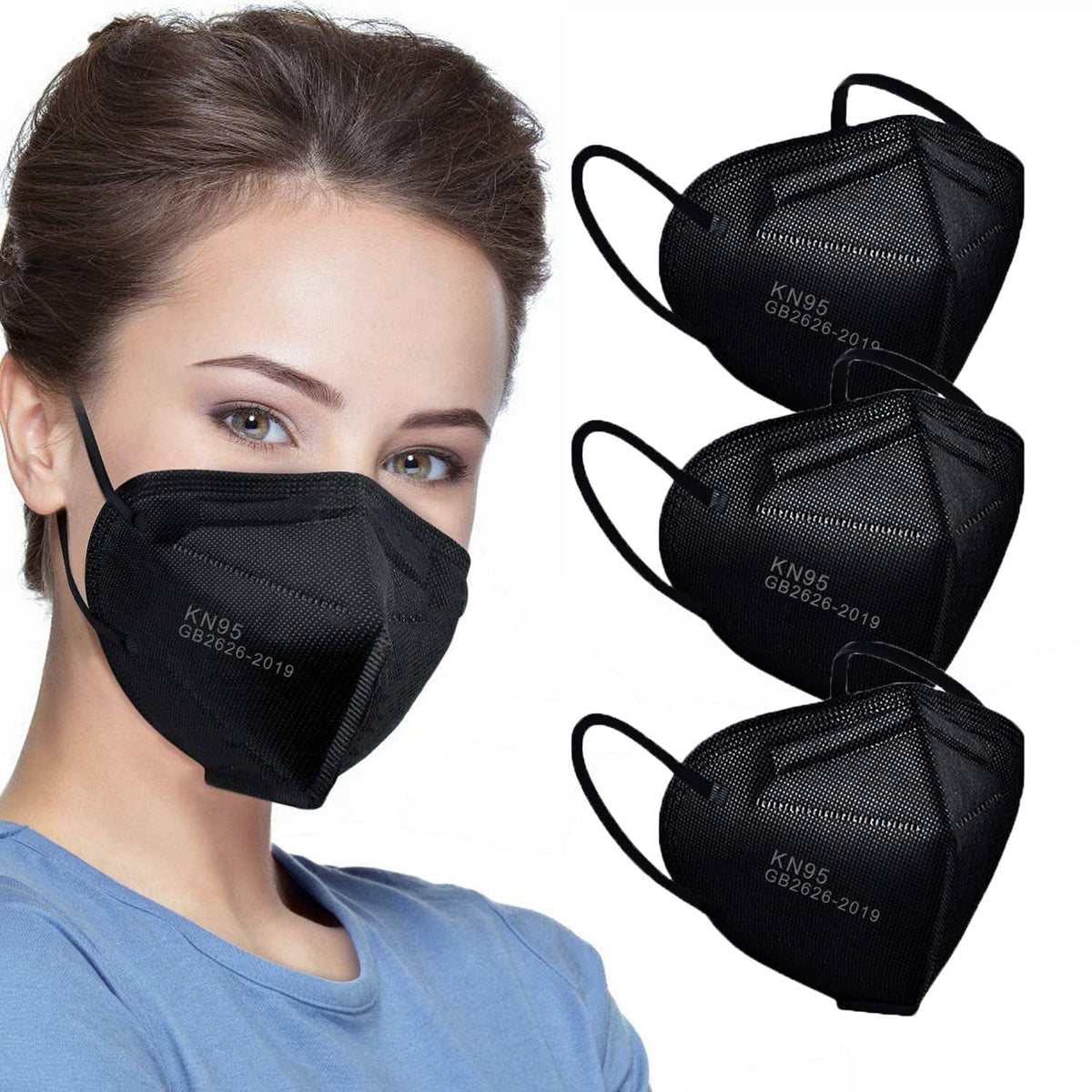 Set of black KN95 face masks with ear loops, front view and angled view