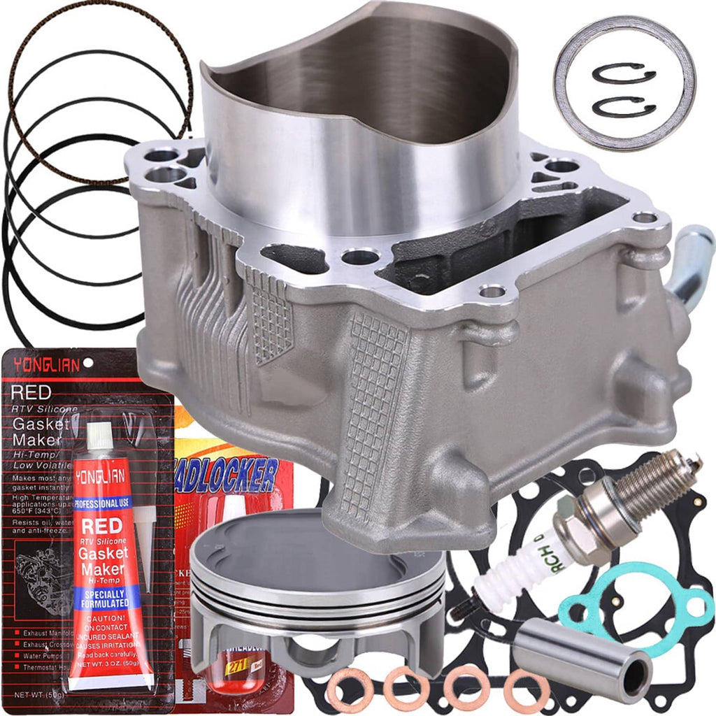 Motorcycle cylinder top end rebuild kit with metal cylinder, piston, gaskets, and sealing rings